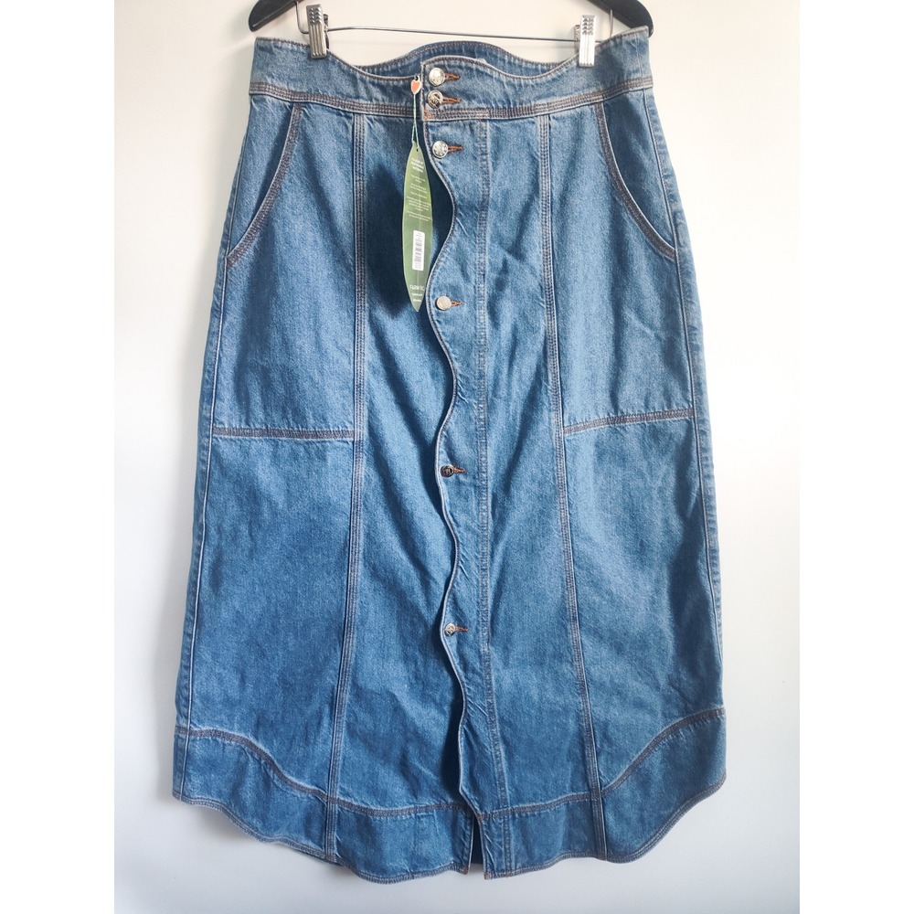 New Farm Rio Skirt 32 Denim Maxi Wave Light Wash Scalloped Button Front Artsy - Picture 4 of 12